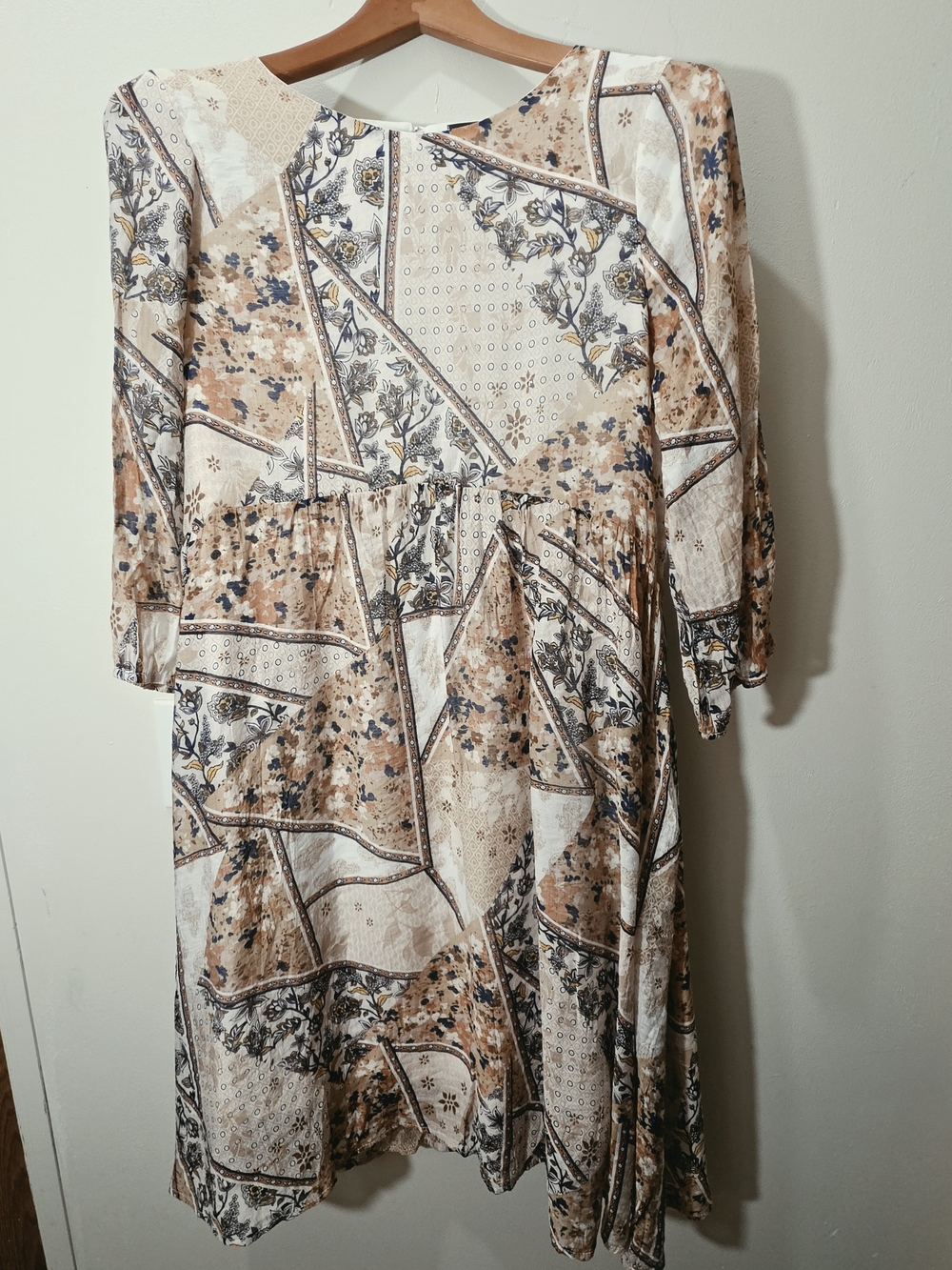 Boho Patchwork Cotton Blend Midi Dress 3/4 Sleeves Beige Blue Modest Tradwife
